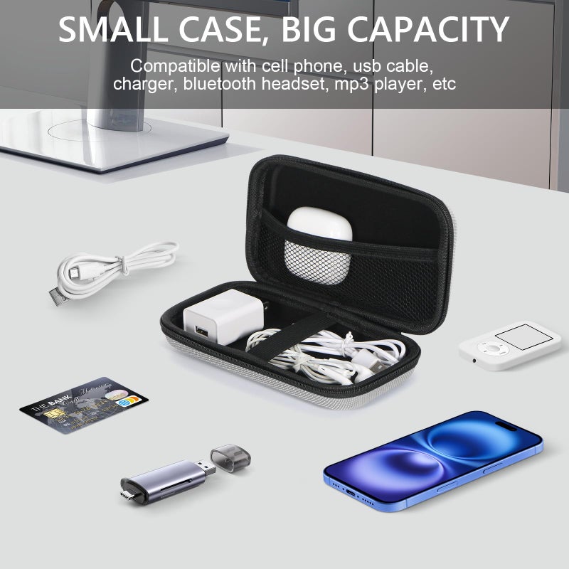 GLCON Portable Protection Hard EVA Travel Carrying Case with Mesh Pocket, Shockproof Exterior - Universal Small Electronic Tech Zipper Bag Pouch Organizer for Cell Phone, Charger, Cord, Cable - Silver - Image 2